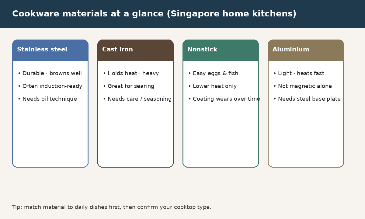 Educational comparison cards for stainless steel, cast iron, nonstick, and aluminium cookware with notes on heat, care, and induction readiness
