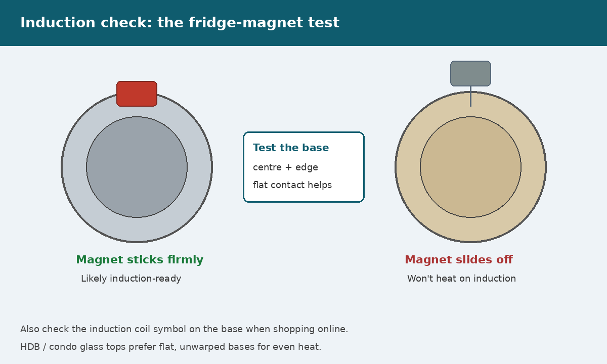 Diagram of the fridge-magnet induction test showing a pan where the magnet sticks versus a pan where the magnet slides off